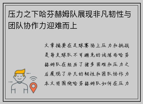 压力之下哈芬赫姆队展现非凡韧性与团队协作力迎难而上