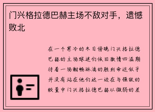 门兴格拉德巴赫主场不敌对手，遗憾败北