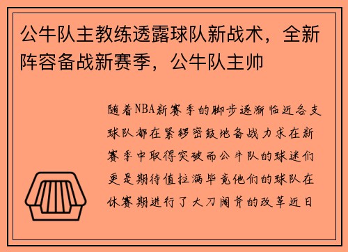 公牛队主教练透露球队新战术，全新阵容备战新赛季，公牛队主帅