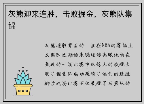 灰熊迎来连胜，击败掘金，灰熊队集锦
