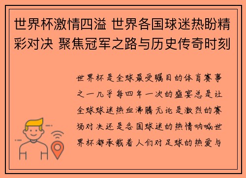 世界杯激情四溢 世界各国球迷热盼精彩对决 聚焦冠军之路与历史传奇时刻